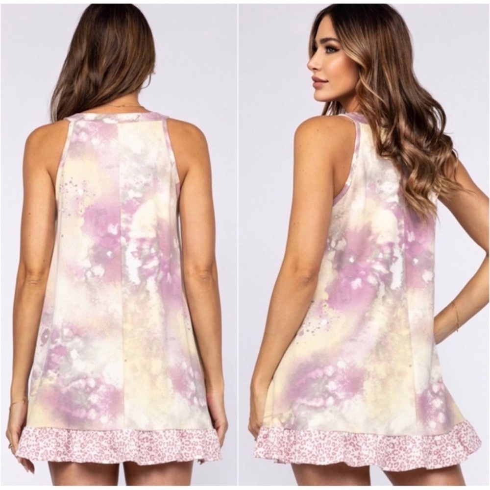 🩷New USA MADE The Best Tie Dye Leopard Print Trim Summer Cute Mini Dress🩷 - Picture 4 of 4